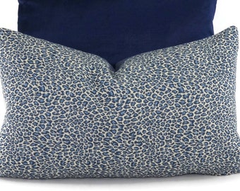 Navy, Medium Blue & Off White Woven Cheetah Print Lumbar Pillow Cover, 12x20