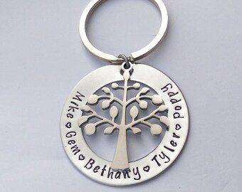 Personalised family tree keyring keychain hand stamped - present for mum mom - personalized present for her - family name mothers day gift