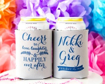 Wedding Favors for Guests, Personalized Can Cooler, Wedding Can Coolers, Cheers to Love Laughter & Happily Ever After, Beverage Holder