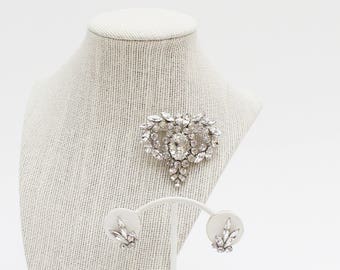 Sherman Clear Rhinestone Brooch and Earrings - Vintage 1950s Rhinestone Set