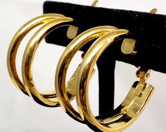 Signed Trifari Gold Tone Clip On Hoop Earrings, Vintage Costume Jewelry