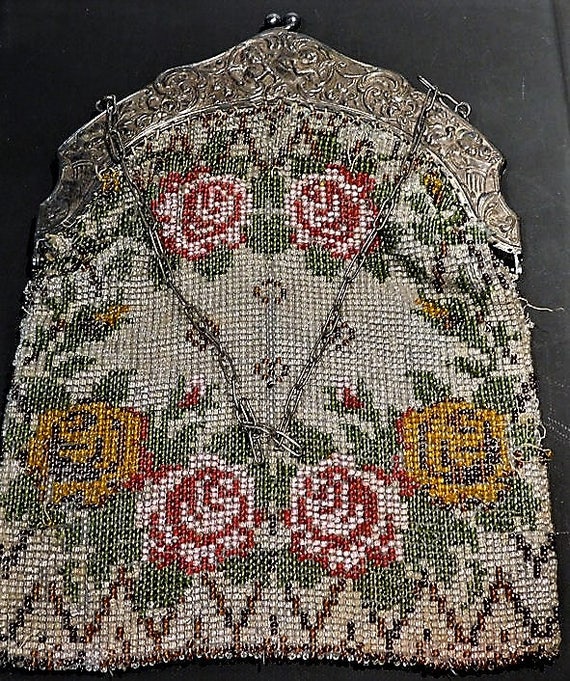1800s Antique Victorian Art Nouveau Micro Beaded Purse Evening Bag Handbag Cherubs Flutes Repousse Filigree Frame Rose Floral Bag Fashion
