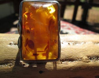 Huge Amber and Sterling Silver Ring Size 9