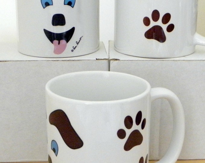 YEAR OF DOG Mug Gift; 10 oz white ceramic mug created by Pam Ponsart with front and back design featuring a Dog's face and 2 paws