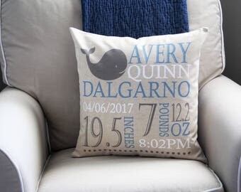 Personalized birth pillow cover, birth Announcement pillow cover, birth pillow cover, baby boy birth pillow, Whale Nursery