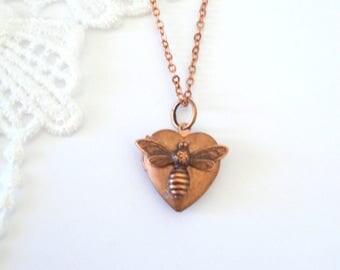 Dainty Bee Locket, Little Heart Locket, Copper Necklace, Layering Locket, Rustic Jewelry, Gift for Her