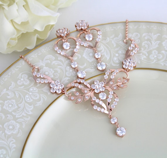Rose gold necklace set Bridal jewelry set Bridal necklace