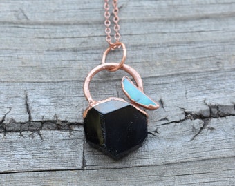 Black Tourmaline and Opal Electroformed Copper Pendant. Unique Raw Black Tourmaline necklace with raw crescent shaped Australian Opal
