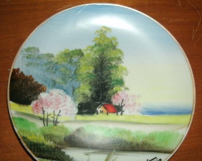 Lake Scenes pair of Vintage hand painted china plates - Artist Hitomi - ON SALE -signed by artist and marked on back, lake scenes, set of 2