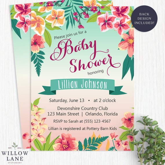 Tropical Baby Shower Invitation Island Flowers Hawaiian Luau