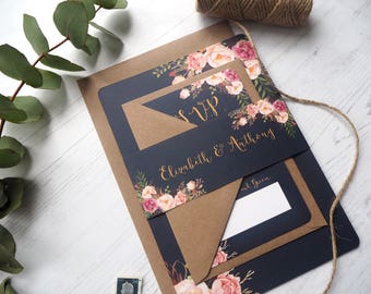 Navy Floral Bloom Wedding Invitation with matching RSVP - Sample