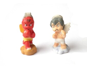 Angel and demon beans brawlers, miniature porcelain 2 miniatures collection, Epiphany, Christmas