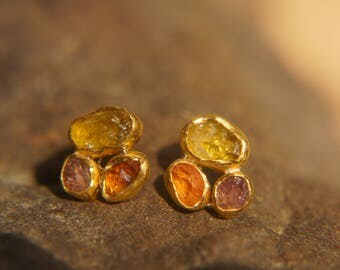 solid 24k gold-orange sapphire yellow tourmaline Stud -raw gem stone-stud earrings-24k gold earrings-raw gem earrings, handmade gold studs