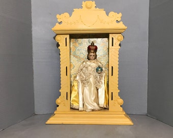 Vintage, Antique, Clock Case, Infant of Prague, Decorative, Handmade, Artist Collage, Memory Box, Shadow Box, Nicho, Alter, FREE SHIPPING
