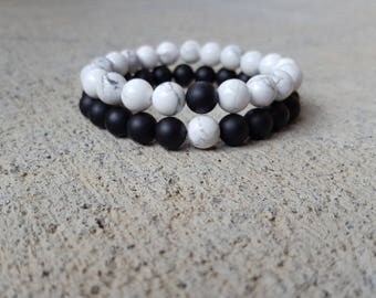 Couples Bracelet, Set (2) Bracelet, Friends Bracelet, Distance Bracelet, Black Onyx, White Howlite Bracelets, For Couples