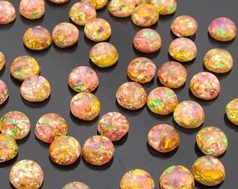 Pink Glass Fire Opal Cabochons, 7mm Rounds, Vintage Japanese Flat Back Glass Stones, 24 pc for Jewelry Making S022