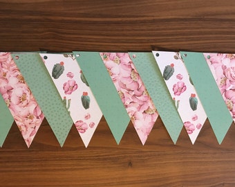 Paper Garland Bunting pink flowers, cactus, green, shiny