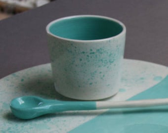 Cup glazed white earthenware decorated by hand in my Studio - ready to ship