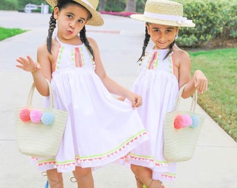 Girls white dress girls white cotton summer dress with pom pom trim white beach dress girls white sundress size 1T, 2T, 4T, 6, 8, 10