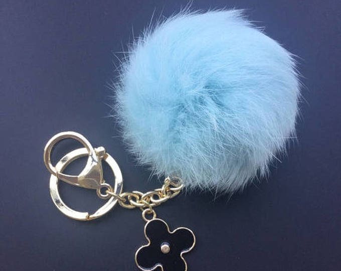 Dreamy Blue SMALL 6cm Genuine Rabbit fluffy ball furkey fur ball pom pom keychain for car key ring Bag Pendant