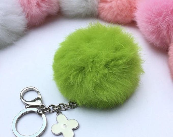 Silver Summer Series Neon Rabbit fur pompom keychain ball with flower bag charm