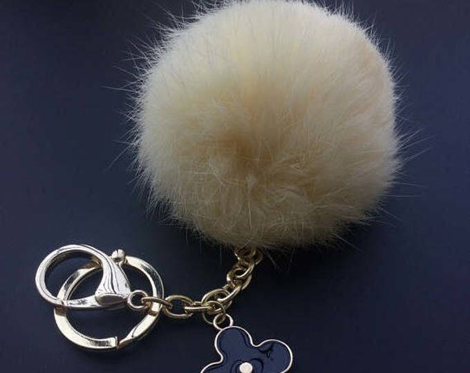 Cream Beige Genuine Rabbit fluffy ball furkey fur ball pom pom keychain for car key ring Bag Pendant