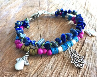 Blue gypsy bracelet, hamza charm bracelet, boho hippie bracelet, nomade beaded bracelet, lapis-lazuli stackable bracelet, gift idea for her