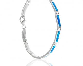 Blue Opal Sterling Silver Bracelet with Delicate Rectangular Links