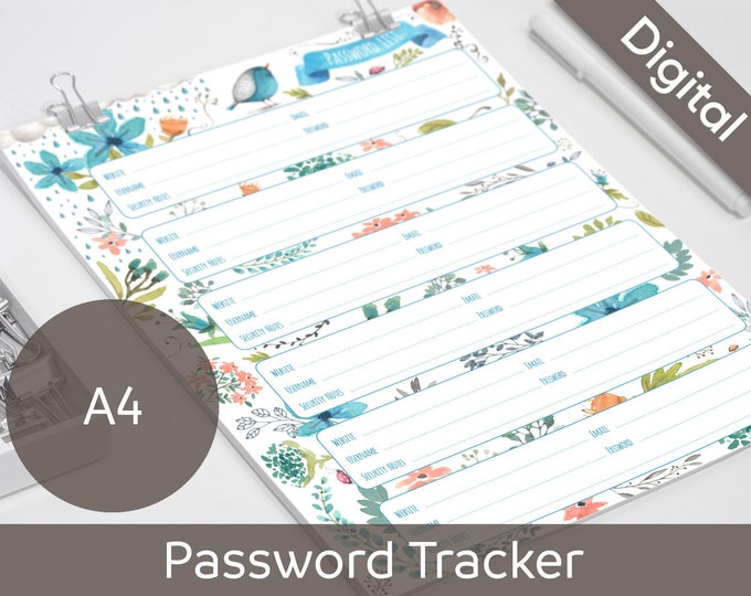 A4 Password Book, Password List, Log, Keeper, Tracker, Journal, Printable Refill, Insert, Arinne Blue Bird DIY Planner PDF Instant Download
