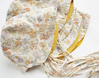 Mustard Baby bonnet, Sunbonnet, Girl Baby Mustard Hat, Reversible Yellow flower cotton and Corduroy or Linen, Baby Sunhat, Baby winter hat