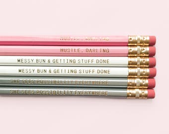 Hustle Pencil Set, Gift for Her, Gift for Boss, Boss Lady, Desk Accessories, Pencils, Gold Engraved Pencils, Back To School, Pencil Set