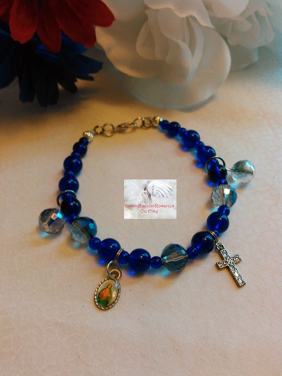 Crystal and Cobalt Blue Rosary Charm Bracelet/Beads/Cross