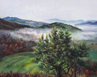 Landscape, scenery, hills, mountains, trees, views, fog, cloudy