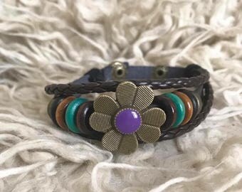 Flower beaded plaited leather bracelet