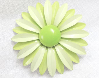 Vintage Flower Brooch Large Citrus Green Painted Enamel Flower Brooch
