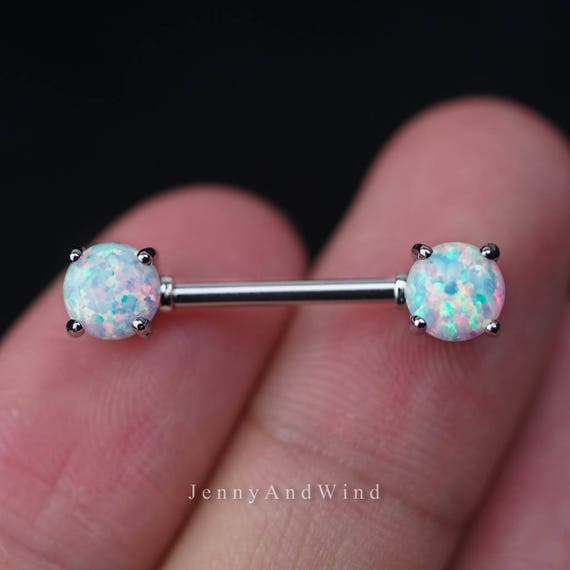 nipple ring 14g white fire opal nipple jewelry silver nipple