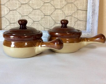 Vintage Stoneware Crock with Lids, French Onion Soup Bowls, Brown & Kahaki, Ovenproof Vented Handle Bowl - Individual Soup Bowl Set of 2