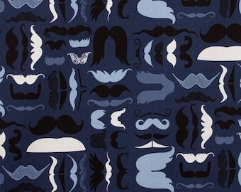 A Must Stache in Denim quilting fabric by Alexander Henry, mustache fabric