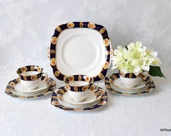 Elmo by Crown Chelsea China, Imari Style China, Vintage Bone China, Vintage part Tea Set, Tea for Three, Hand Painted Tea Set, c 1930 s