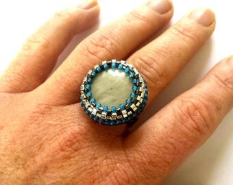 Embroidered Adjustable Ring, blue and grey, Embroidered mother-of-pearl, stainless stell ring,Miyuki Beads * BAB1005