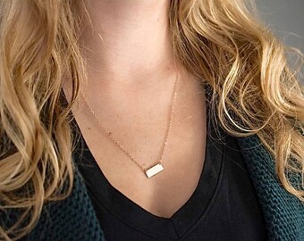 Custom Hand Stamped Necklace Short Bar, Small Name Plate Design, Personalized Short Bar Gift Necklace, Engraved Necklace, Cursive Font