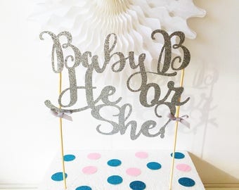 He or She Cake Topper, Baby Shower Cake, Gender Reveal, New Baby Congratulations, Glitter Cake Topper, Party Supplies, Mum To Be
