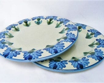 Two Louisville Stoneware Dinner Plates - Bachelor Button Cornflower Pattern Hand-painted Blue Flower Design Ceramics Made in USA Pottery 11"