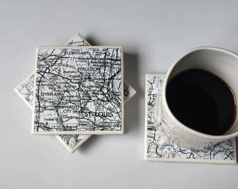 St. Louis Street Map Coasters | Missouri - Set of 4 - St. Louis Neighborhoods - Drink Coasters - STL - Road Map - Black and White - Vintage