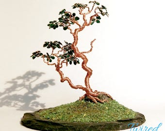 Miniature Wire Bonsai Sculpture with Enameled Leaves, Twin Trunk Literati Style, on Slate Base