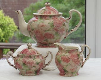 Vintage Teapot, Teapot Set, Teapot, Lidded Sugar Bowl and Cream Jug, Cabbages and Roses, Pink Roses, Earthenware