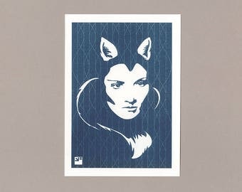 Risograph postcard, Foxy Lady riso greeting card and envelope, blue teal print, art card, retro illustration, woman with fox ears and tail