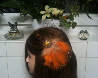 Headband shabby bronze,orange and brown feather,orange star/serre tete en chaine,plume orange, etoile strassstrass