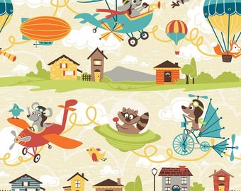 Riley Blake Little Flyers Fabric by the yard,Riley Blake Boy fabric,Boy's animal fabric,airplane fabric,hot air balloon,raccoon fabric