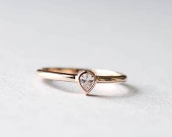 14k Rose Gold Ring, Pear-Shaped Ring, Teardrop Ring, Solitaire Ring, 925 Sterling Silver Ring, Rose and Choc Ring, Dainty Ring